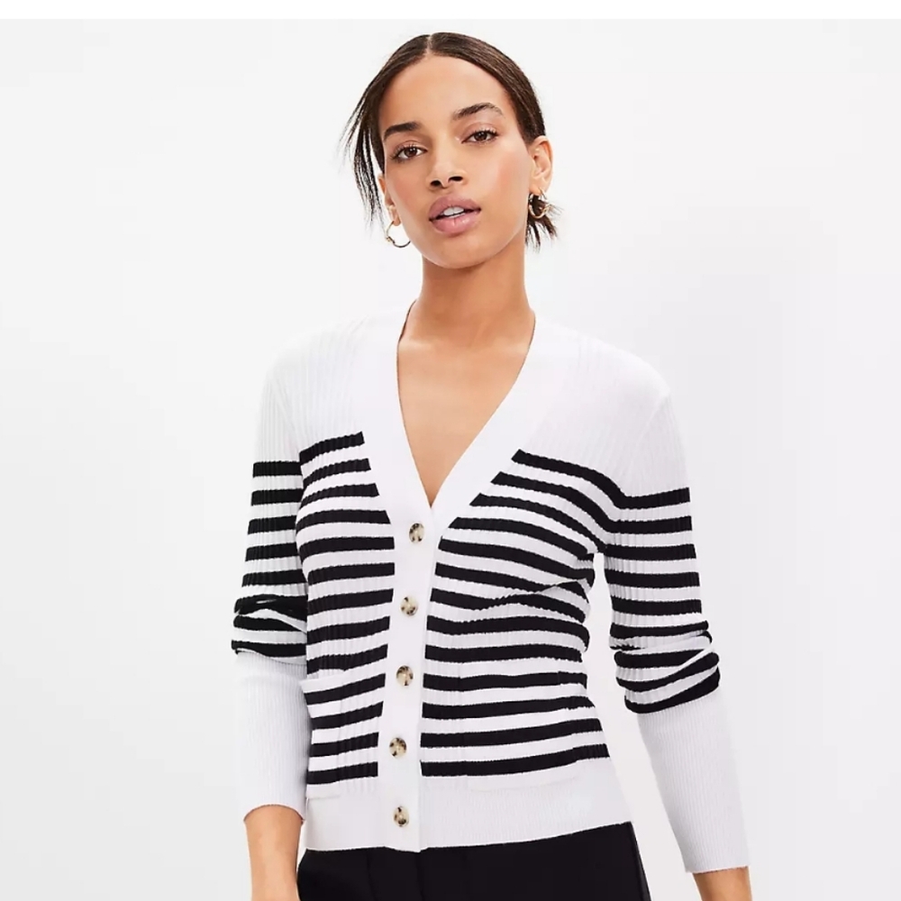 LOFT Stripe Mixed Ribbed Pocket V-Neck Cardigan